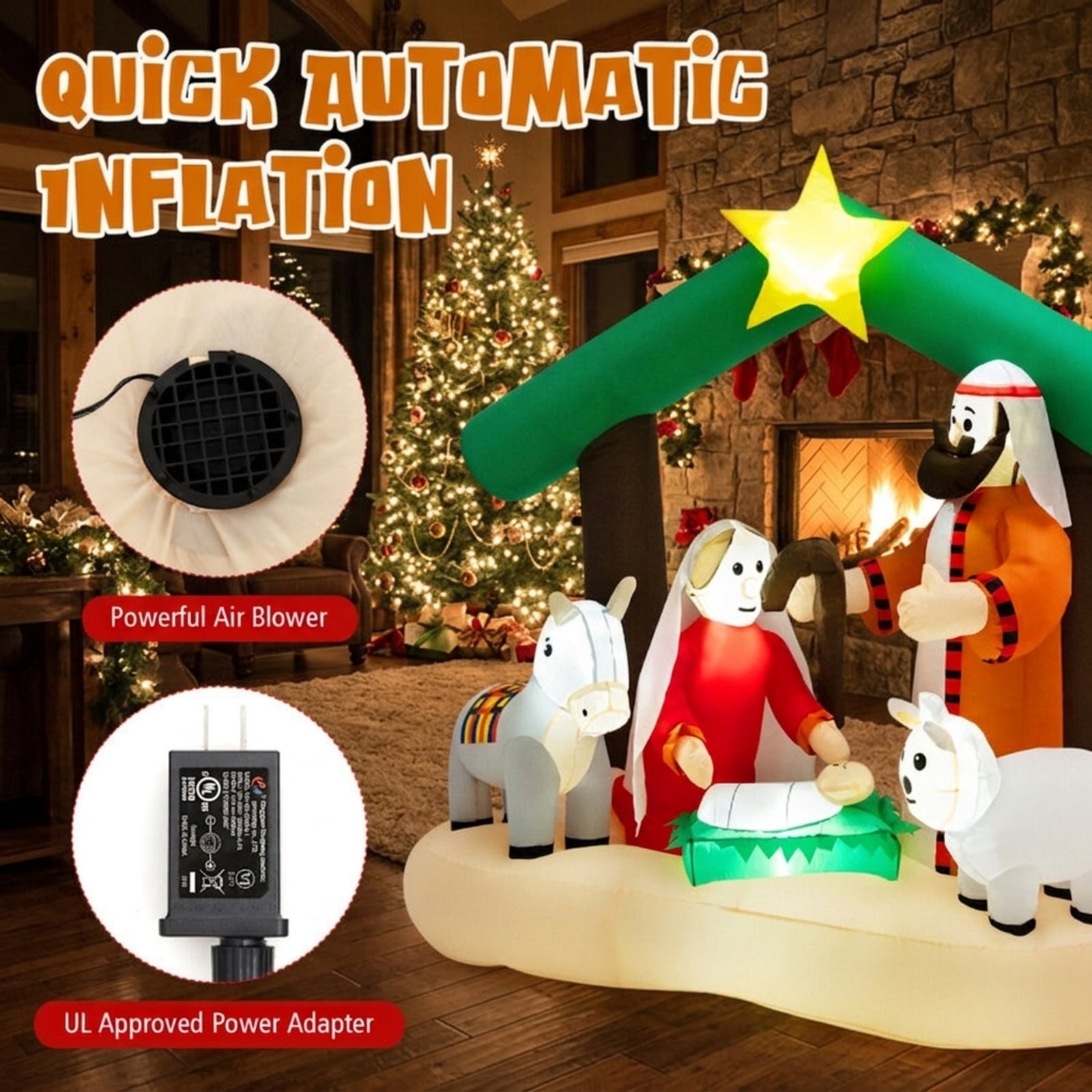 RUIE 6.7 ft Christmas Inflatable Nativity Scene with LED Lights, Waterproof Blow Up Holy Family Outdoor Yard Decoration for Lawn