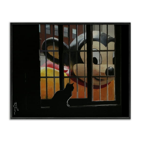 Stupell Industries Mouse Character Peering at Cat Animals Painting Black Framed Art Print Wall Art, 14 x 11