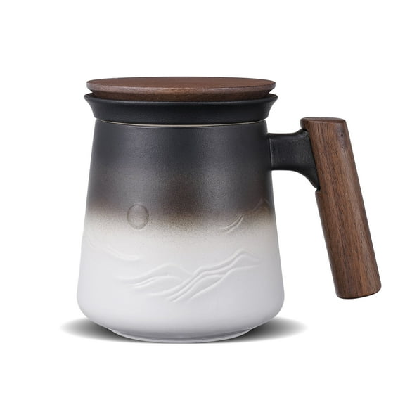 ZENS Tea Mug with Infuser and Lid for Loose Leaf Tea Steeper, 14.5 oz Embossed Ceramic Tea Cup with Fine Strainers and Wood Handle