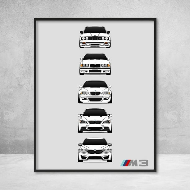  ART POSTER - BMW M3 Generation - Size 24'' x 36'' -  Illustration of Bmw E30, E36, E46, E90, E92 Wall Art for Garage or Home  Petrol Head Gift: Posters & Prints