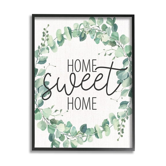 Stupell Industries Home Sweet Home Greeting Green Plant Eucalyptus Wreath Graphic Art Black Framed Art Print Wall Art, 11x14, by Kim Allen
