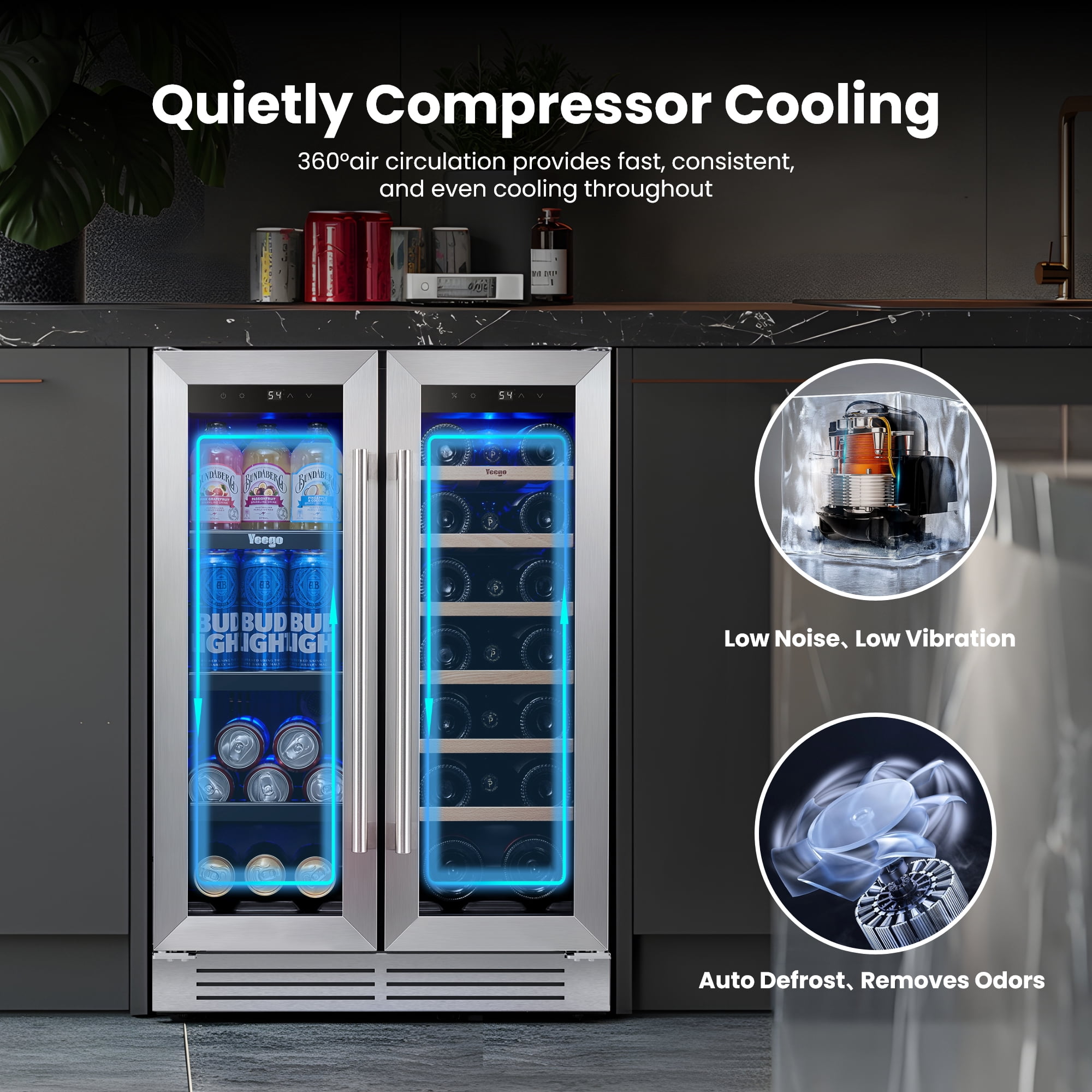 Yeego 24 inch Wine and Beverage Refrigerator, 20 Bottles and 60 Cans Dual Zone Fridge with French Glass Door for Home/Office, 36℉~72℉, Built-in/ Freestanding