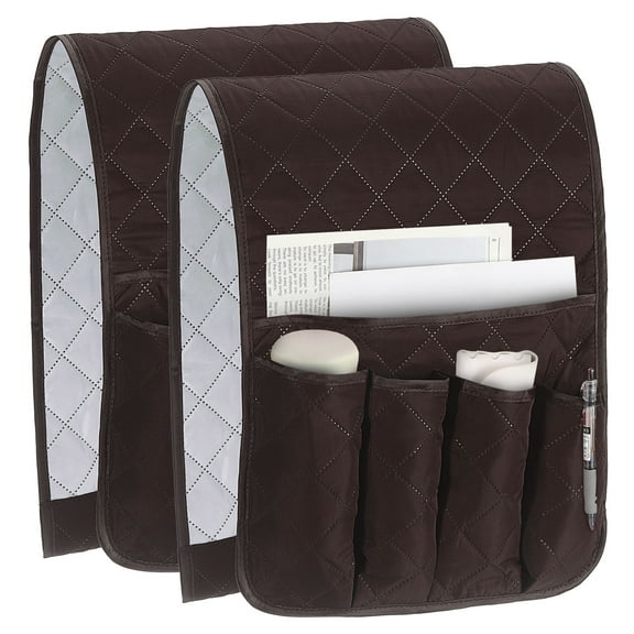 2 Pcs Recliner Armchair Caddy, Couch Armrest Organizer with 5 Pockets for Bedside Sofa Remote Control Holder Magazine Phone Book Glasses (Brown, 35"x13")