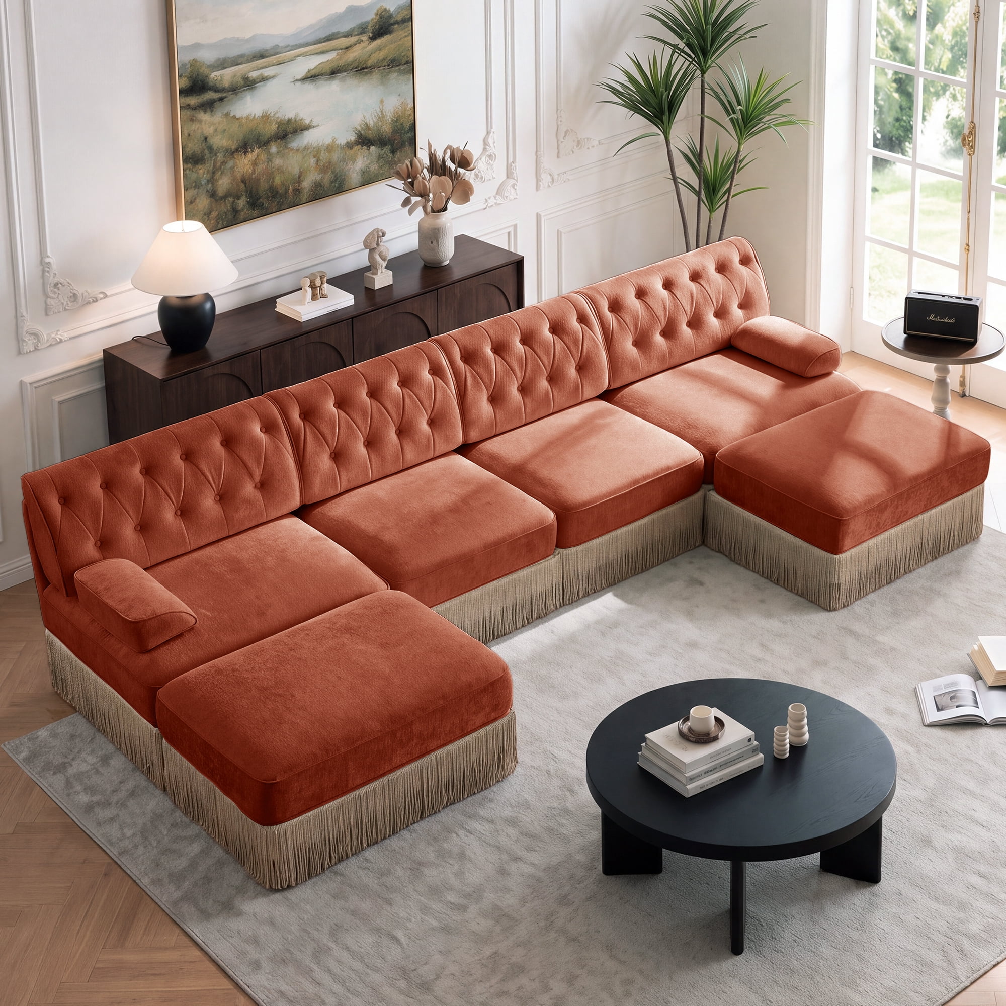 135" Chesterfield 4 Seater U-Shaped Modular Sectional Sofa Set with 2 Ottoman and Tassel Skirt, Easy to Assemble