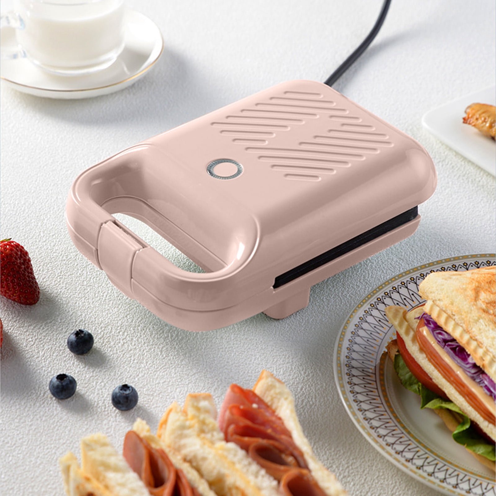 Compact Electric Sandwich Maker with Non-Stick Plates - 2-Slice Breakfast Toaster + Cake Pan, Mint Green Heat-Resistant Housing, for Small Kitchens & Dorms, Quick Meal Prep Appliance, Pink