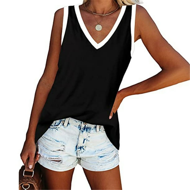 Guardurnaity Camiseta sin mangas con cuello en V para mujer Camiseta informal con bloques de color Camiseta sin mangas informal Prendas para la parte del cuerpo Negro SG Guardurnaity AP002686-04
