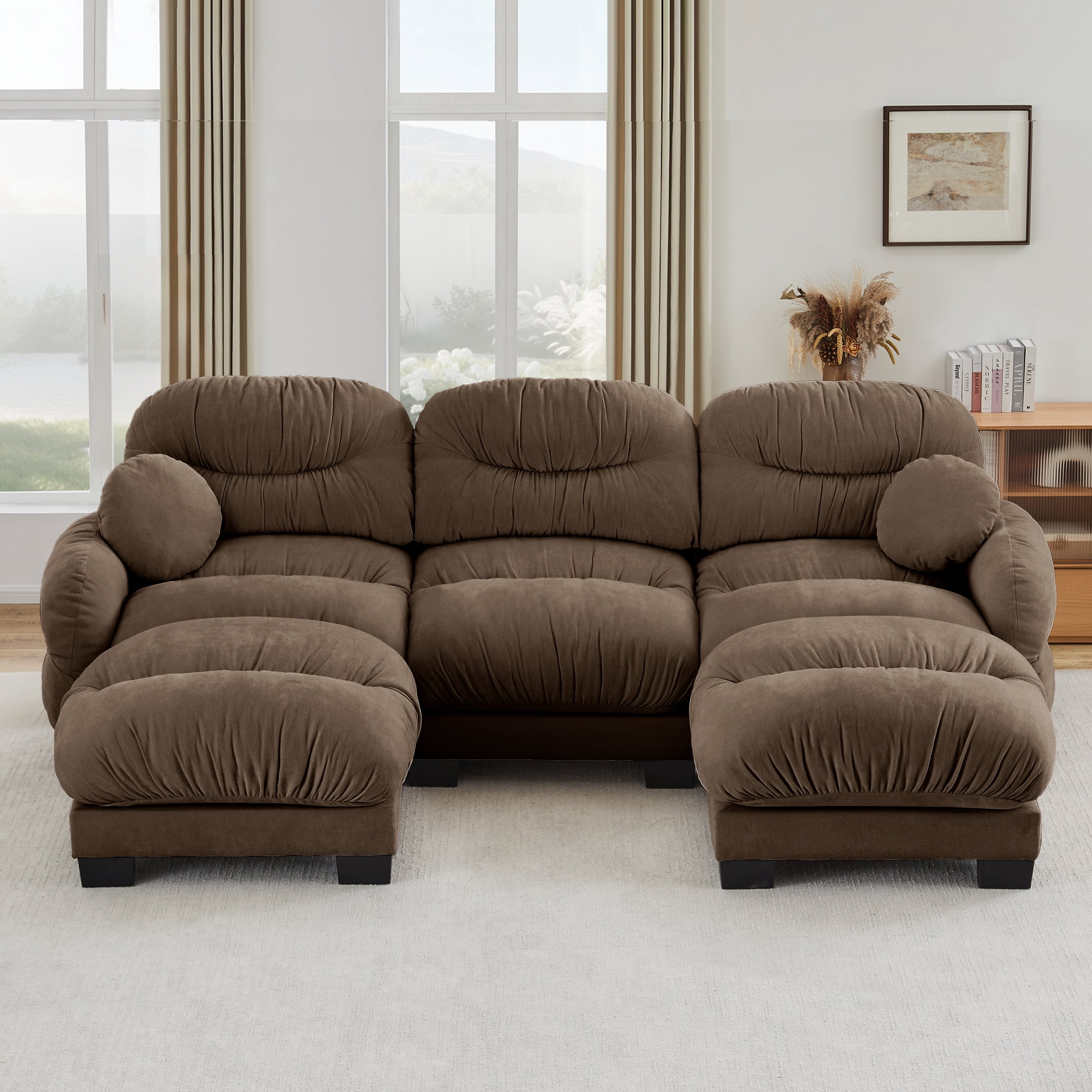 116" 3 Seater Sectional Couch Cozy Chenille U Shape Modular Sofa with 2 Ottoman and 2 Throw Pillows