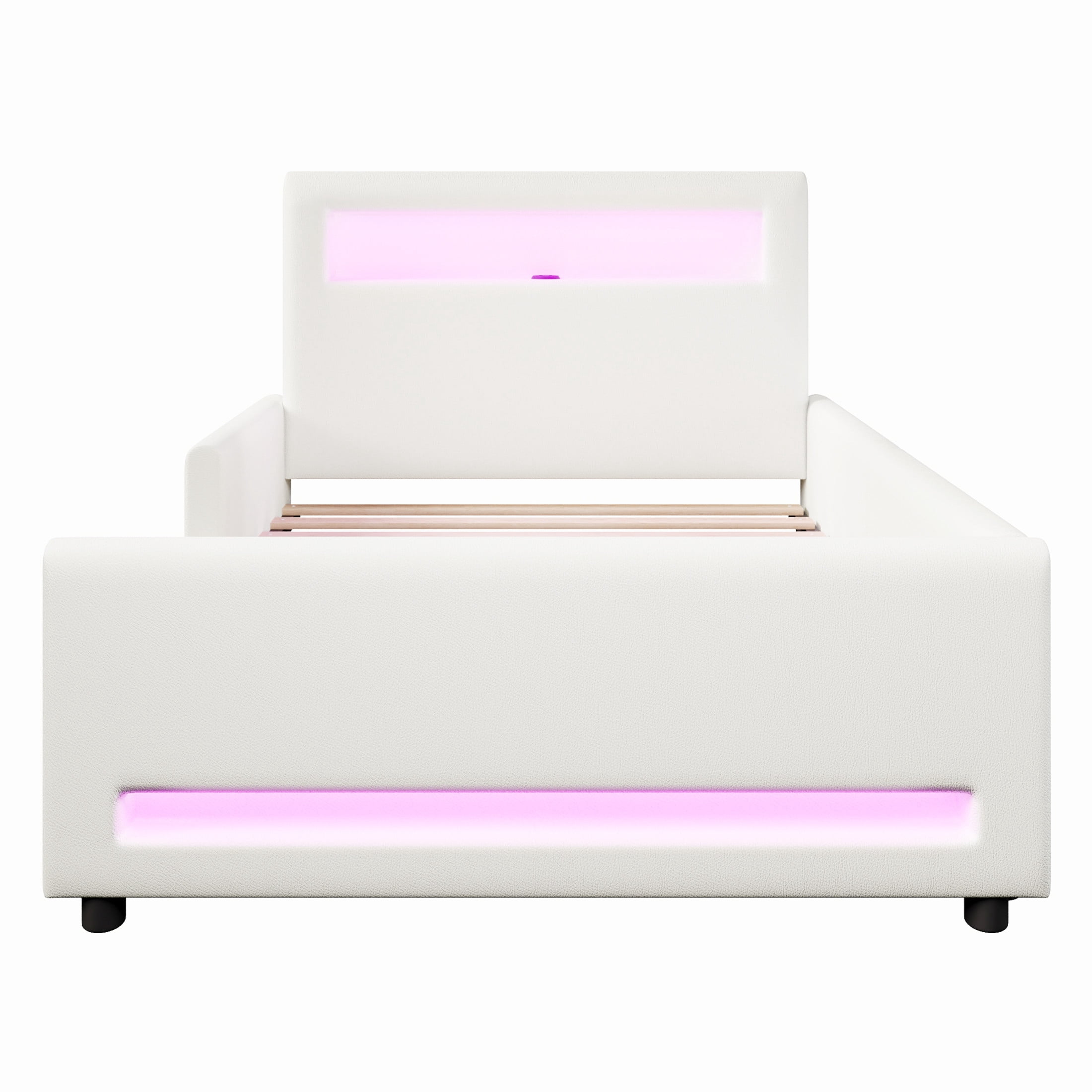 Noble House Twin Size Upholstered Platform Bed with Storage Drawer, LED Light Strip and USB Charging Port, White