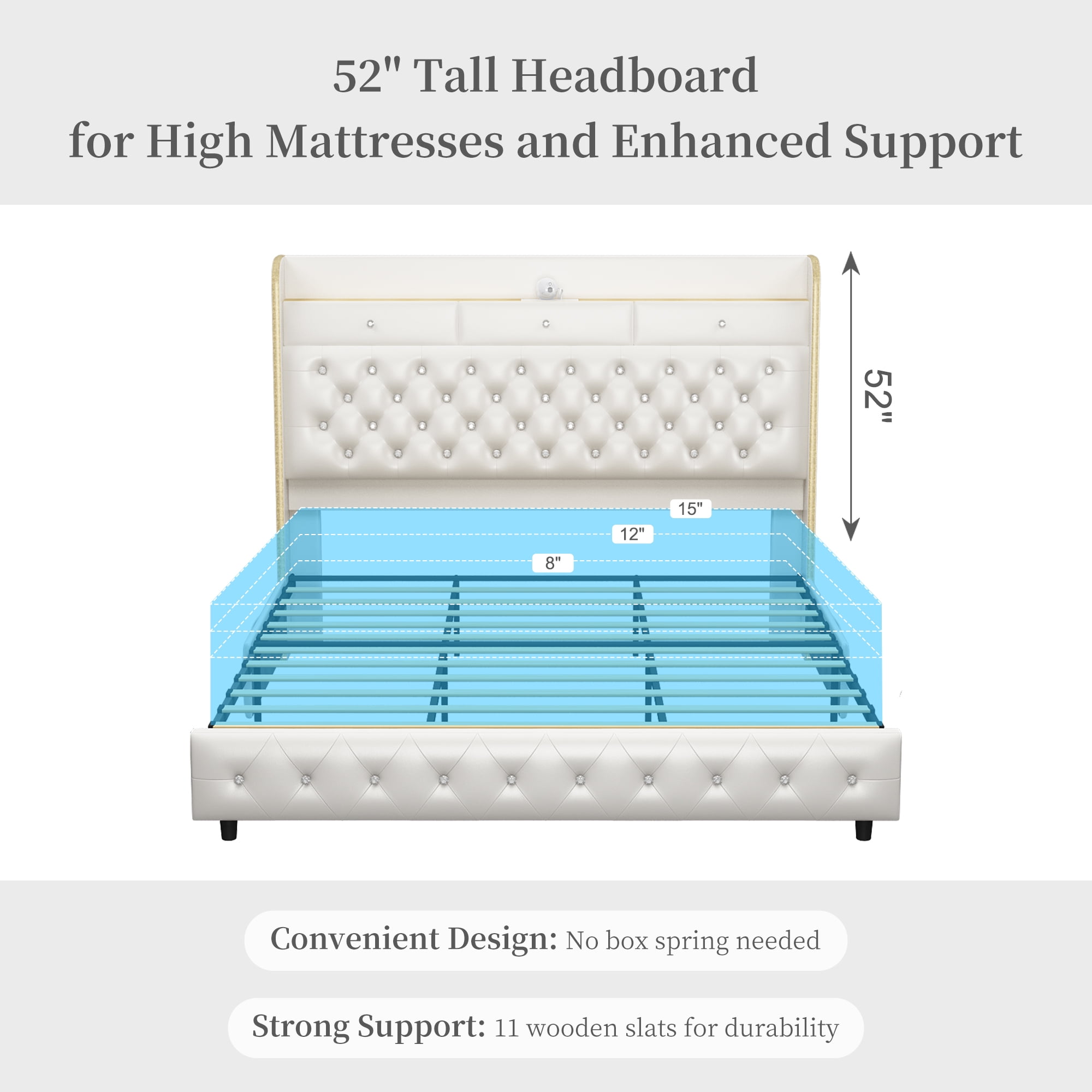 SIBEDS Full LED Bed Frame with Galaxy Projector, Charging Station, 52" Headboard & 2 Drawers, White