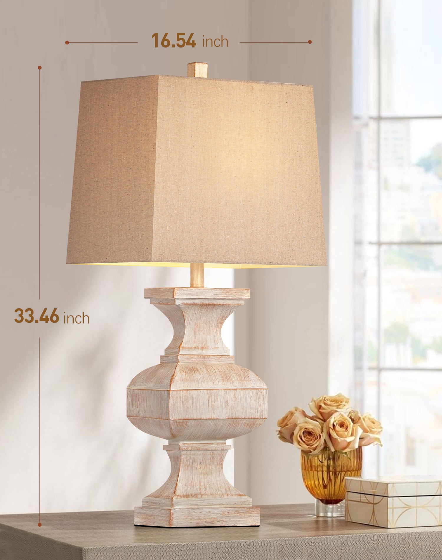 27'' Large Antique Resin Table Lamp for Living Room Bedroom Deco, Bedside Desk Lamps Vintage Nightstand Lamps with Linen Shades