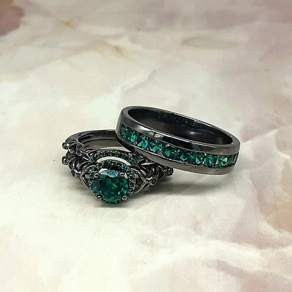 Rag Jewels 3.00 Ctw Round Cut Green Emerald Wedding Anniversary Bridal Set Ring 14K Black Gold Plated 925 Sterling Silver 925 Sterling Silver -4.5