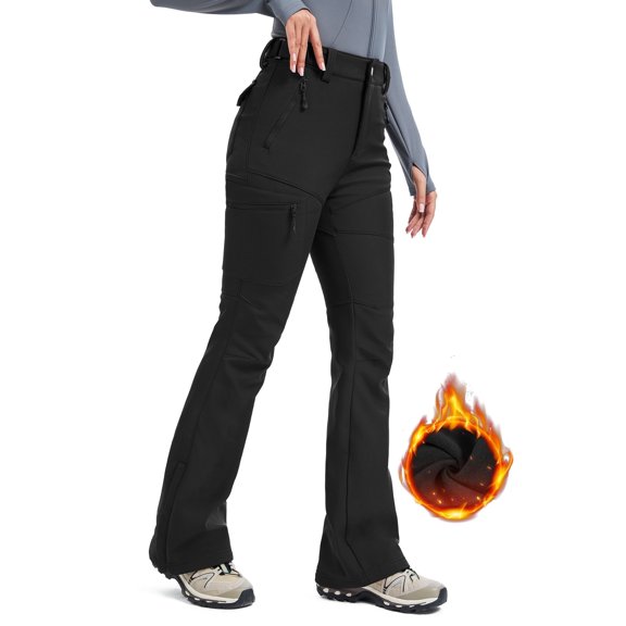 Moosehill Women's Snow Pants Fleece Lined Waterproof with Adjustable Waistband for Ski Winter Hiking Black L