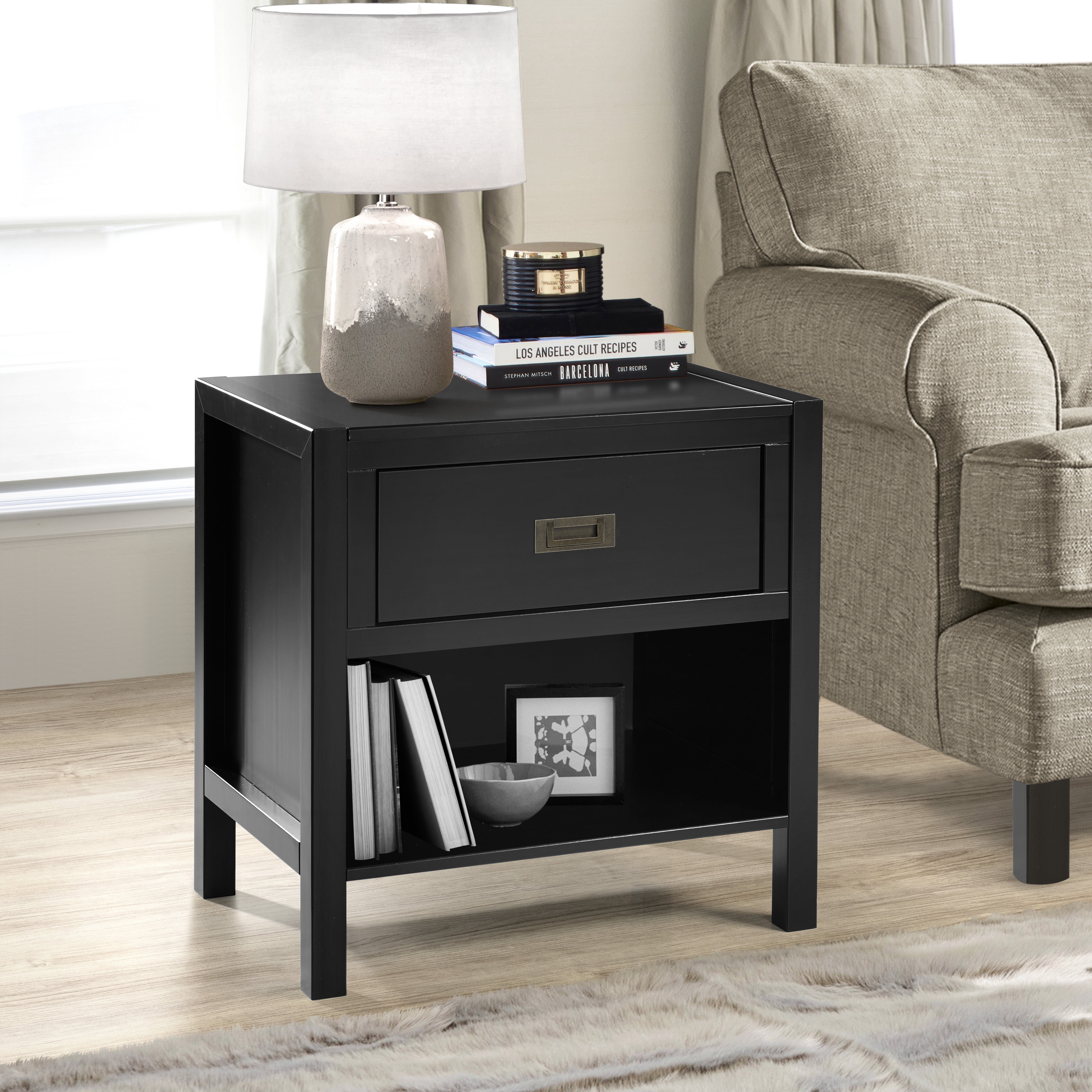 Annabelle One Drawer Open Storage Black End Table by Chateau Lyon