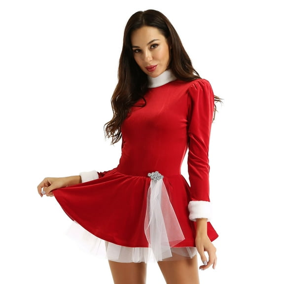 iEFiEL Womens Christmas Dance Costume Velvet Long Sleeves Skating Leotard Dress Red Large
