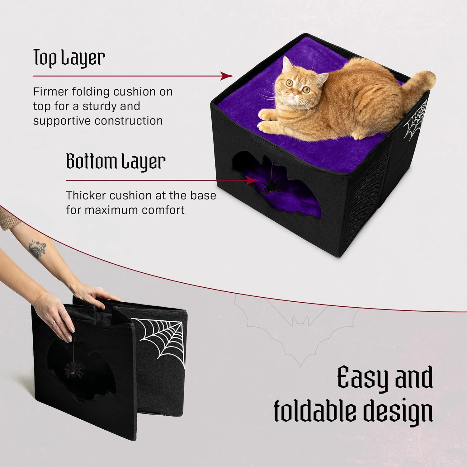 Gothic Cat Bed for Indoor Cats or Pets, Foldable Cat Halloween House 17x17x12.8, Includes Bat-Shaped Entry, Spider Toy, Scratch Pad, and Soft Cushion for Goth Cat, Black and Purple Gothic Cat House