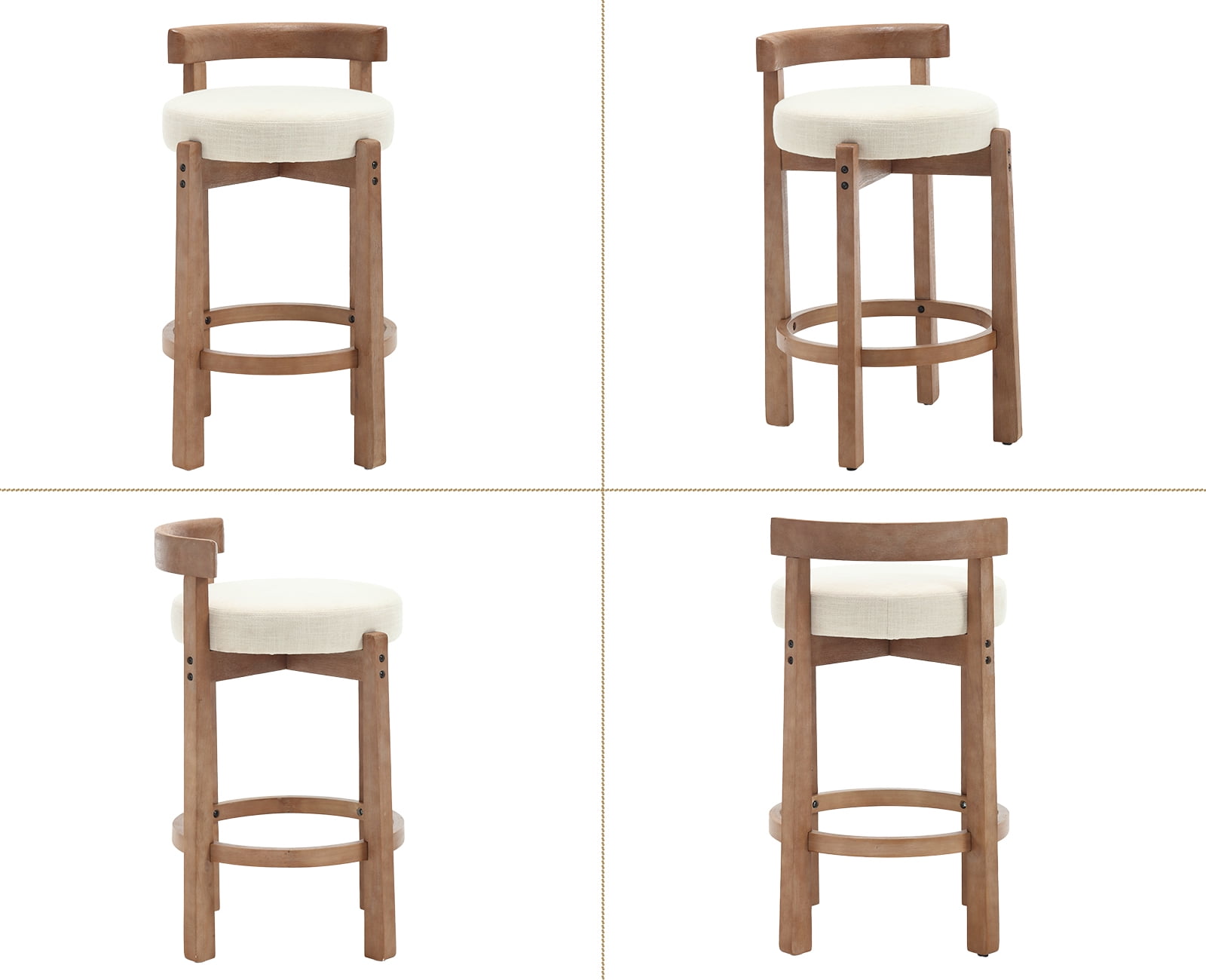 Guyou Counter Height Stools Set of 2, Mid Century Modern Armless Island Bar Stools with Curved Back and Wooden Frame, Round Kitchen Stools with Footrest for Restaurant Bar Kitchen Island, Beige