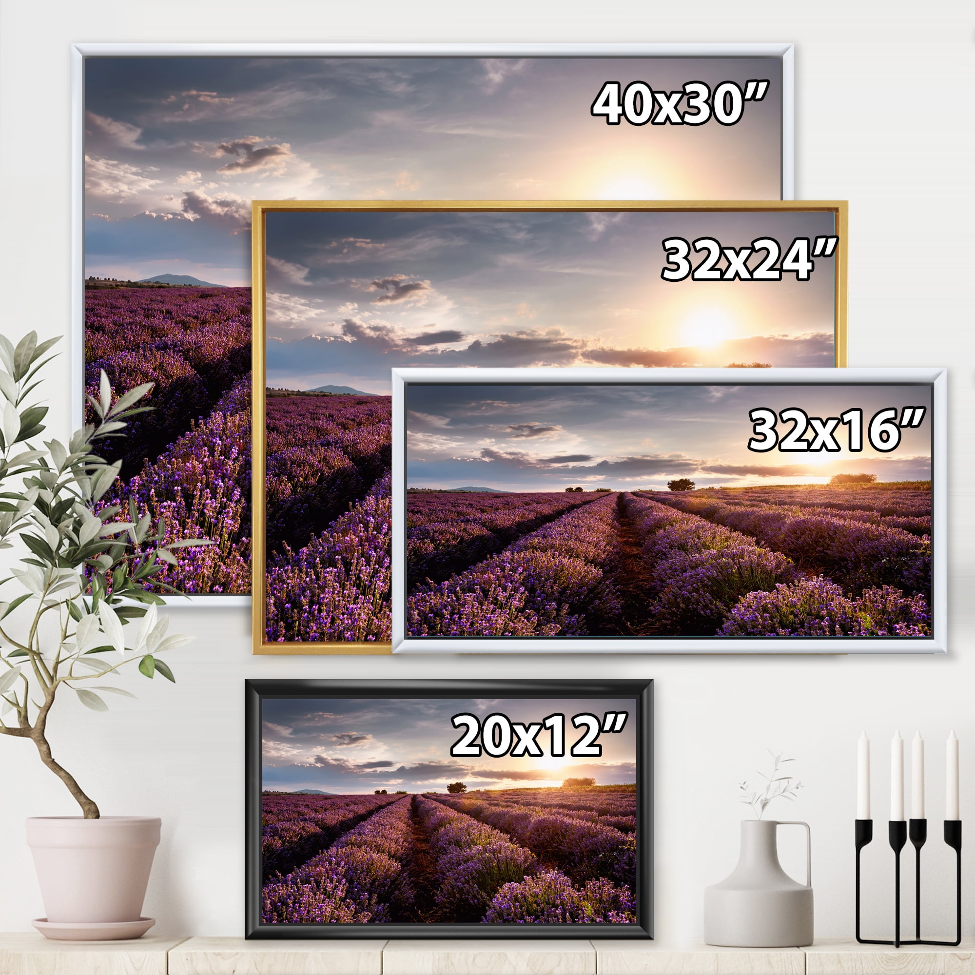 Designart 'Dramatic Clouds and Sunrise Over Lavender Field V' Farmhouse Framed Canvas Wall Art Print