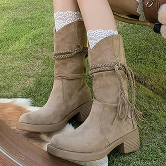 Amzcrzy Mid Calf Boots for Women Women's Fashionable Casual Winter Style Knee-High Boots Solid Color Round Square Toe Low-Heeled Mid-Calf Boots Womens Winter Boots Women's Boots Boots for Women