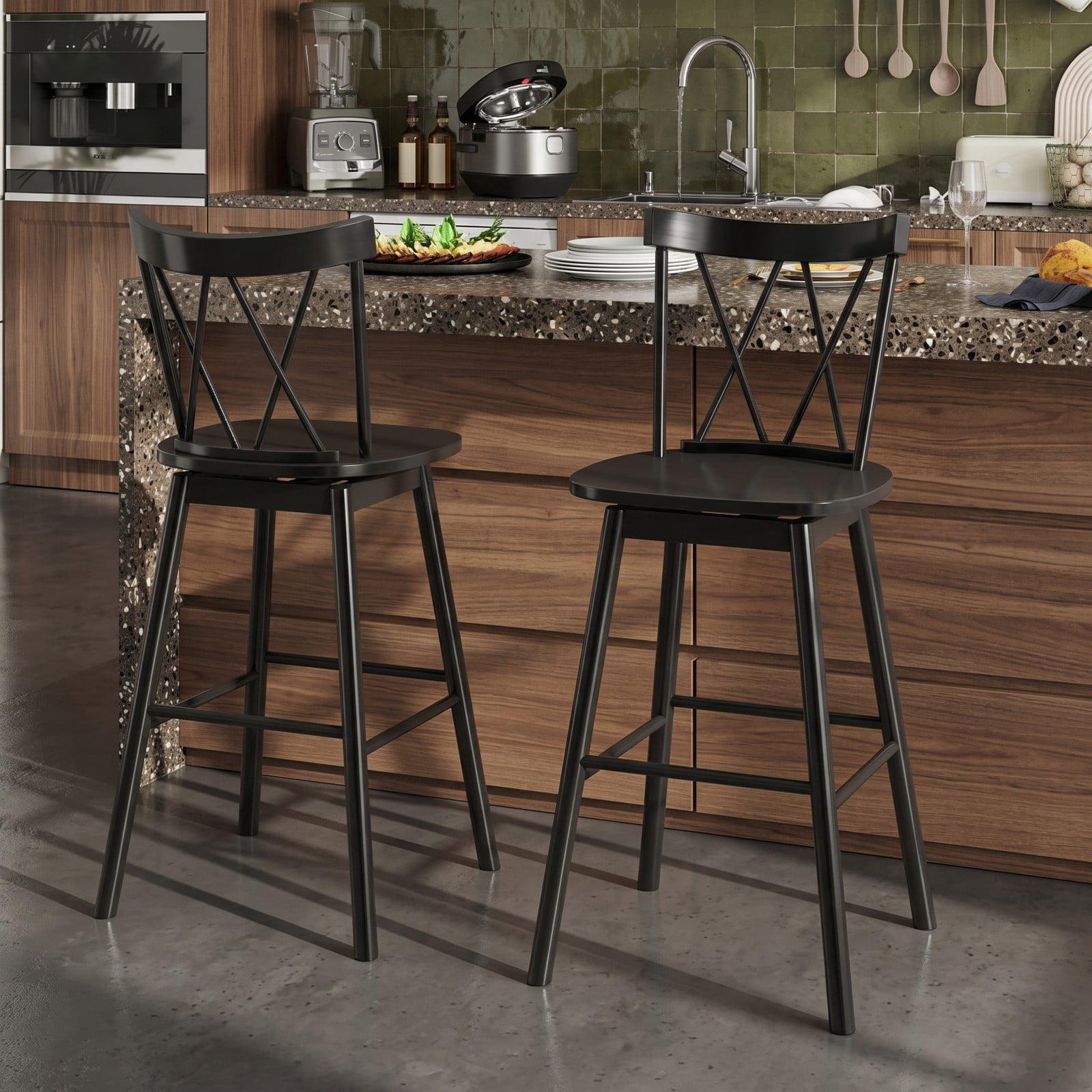 Furnibear Set of 2 Windsor Bar Stools 29 Inch Swivel Counter Height Stools with Ergonomic Backrest and Footrest, Rubber Wood Kitchen Island Dining Chairs, Black