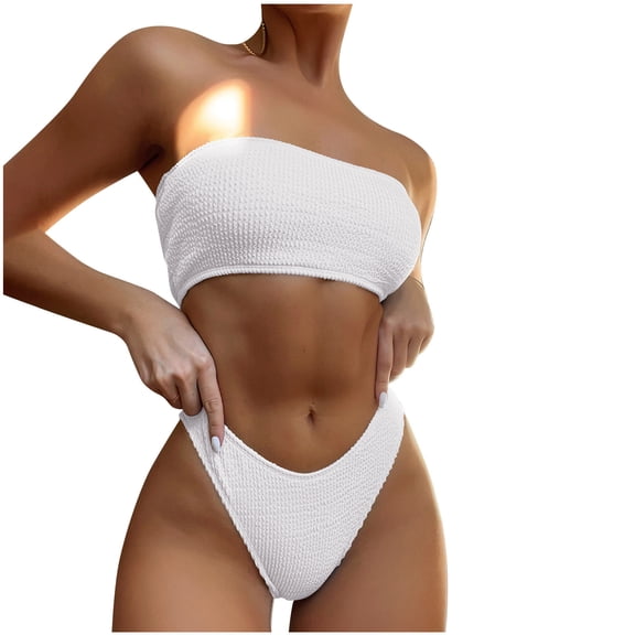 Yuanlook Womens Bikini Two Piece Swimsuits Strapless Bandeau Bathing Suit Triangle Bottoms Slimming Swim Suits,White,L