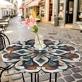 thumbnail image 6 of Brown Teal Boho Round Tablecloth for 55-60 Inch Tables, Fitted Table Cover with Elastic Edge, Ethnic Rustic Abstract Flowers Waterproof Outdoor Table Cloth Protector for Patio Garden Dinner Picnic, 6 of 9