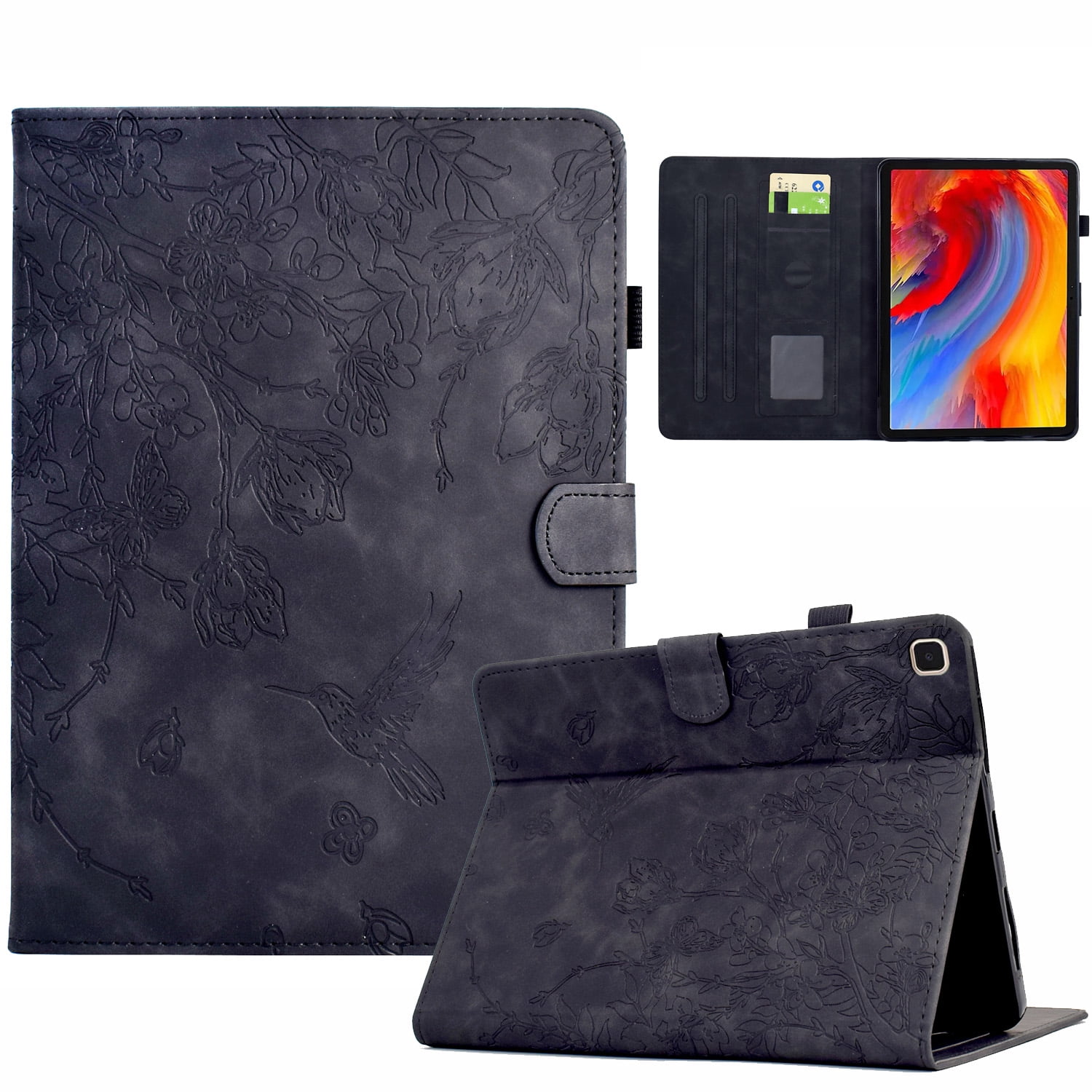 ELEHOLD Case For Apple iPad 11th Gen(A16) 2025 11inch Embossed Flowers and Birds Leather Tablet Case, Slim Back Smart Cover Full Body Protection Kickstand Cover with Card Pocket, Black