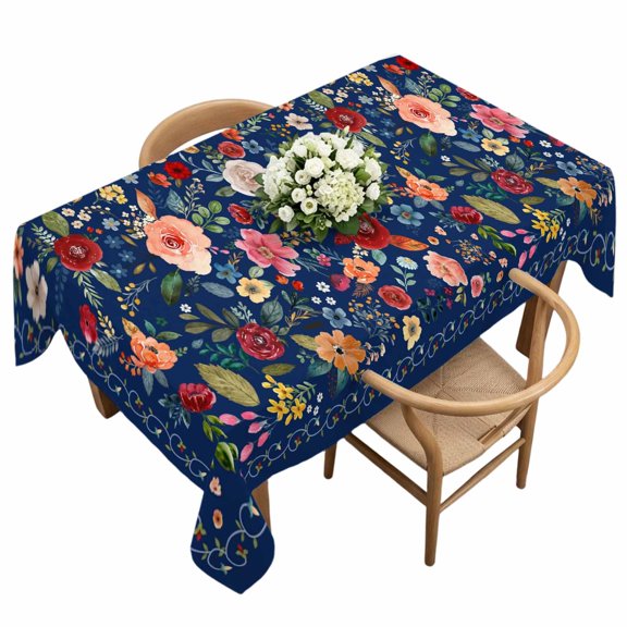 Waterproof Tablecloth Watercolor Flowers on Blue Background Rectangle Table Cloth 60x120in,Wipeable Washable Table Cover Farm Floral Art Tablecloths for Dining Tables Kitchen Picnic Outdoor Party