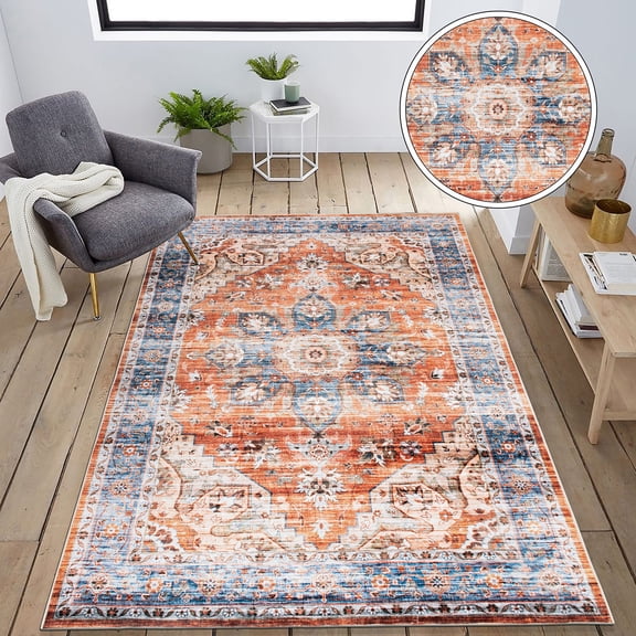 World Rug Gallery Medallion Transitional Machine Washable Area Rug - Rust 5' x 7'