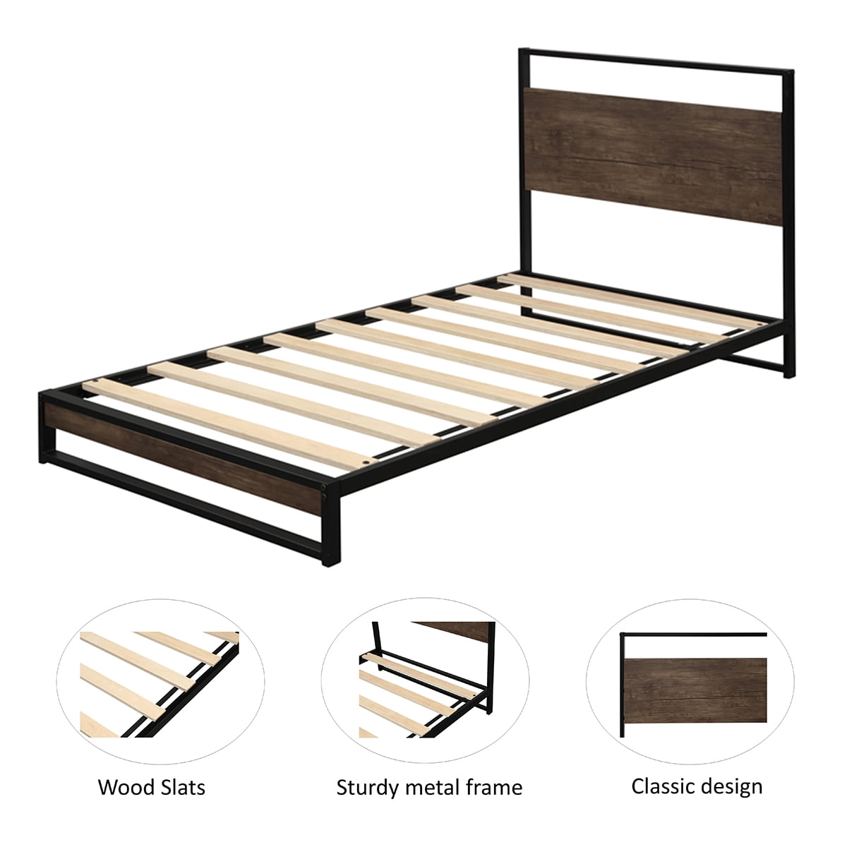 Private Jungle Twin Metal Bed Frame with Wood Slats, Platform Bed with Headboard, Sturdy Metal Frame
