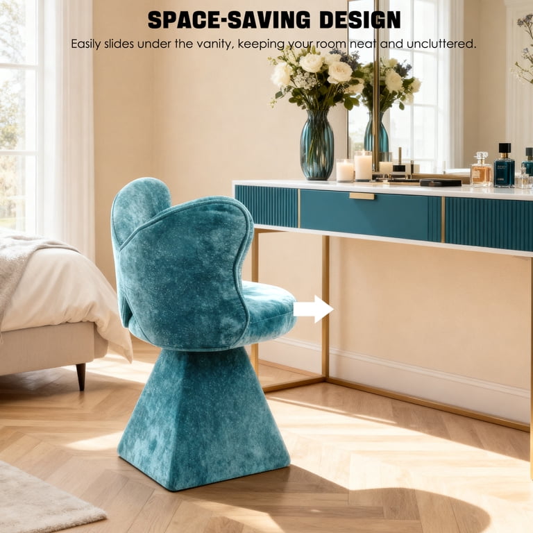 blue dressing table chair Vanity with Butterfly Back, 360° Swivel Accent Chair, Chenille Upholstered Makeup Stool for Bedroom Table, Dining Room, Living The dress did half bg-sizetagadded Color:Bubble Pink The Magnolia Collection from