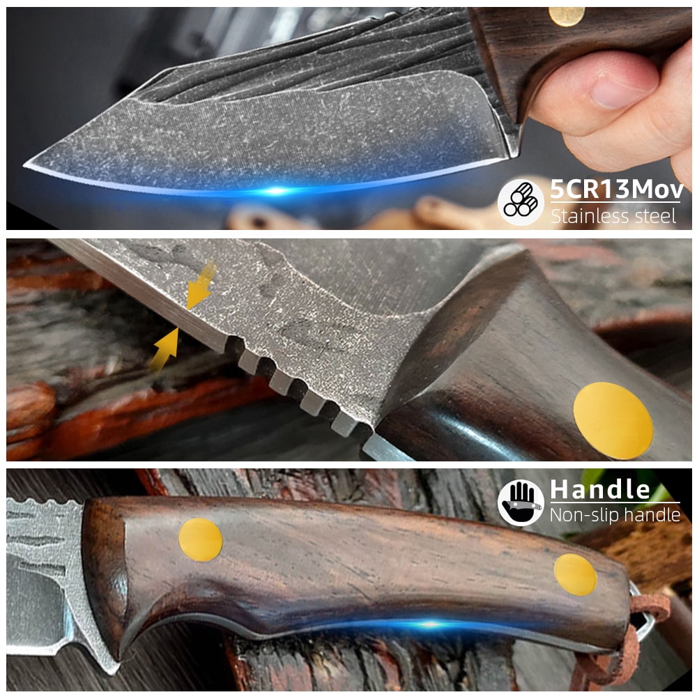 Fixed Blade Knife 3PCS High Carbon Steel Butcher Knives Set Full Tang Mini Hunting Knife with Leater Sheath Wood Handle and Paracord Lanyard for Outdoor Camping Bushcraft