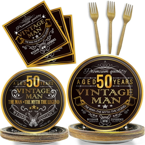 Vintage 50th Birthday Party Tableware Set, 96 Pcs Back in 1975 Theme Table Decorations, Includes Paper Plates, Napkins, Forks for 24 Guests, 50th Birthday Party Supplies for Men