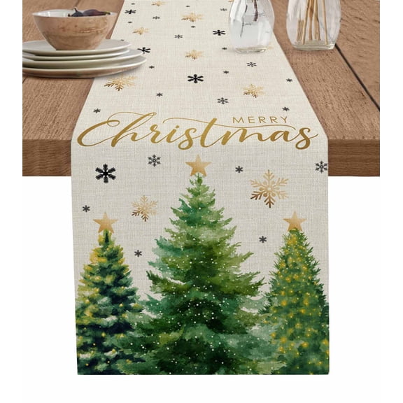Christmas Tree Table Runner 36 Inches, Winter Snowflakes Xmas Pine Tree Beige Bed Runner Dresser Scarves Tabletop for Indoor Outdoor Parties/Ceremony/Banquet, 13"x 36"