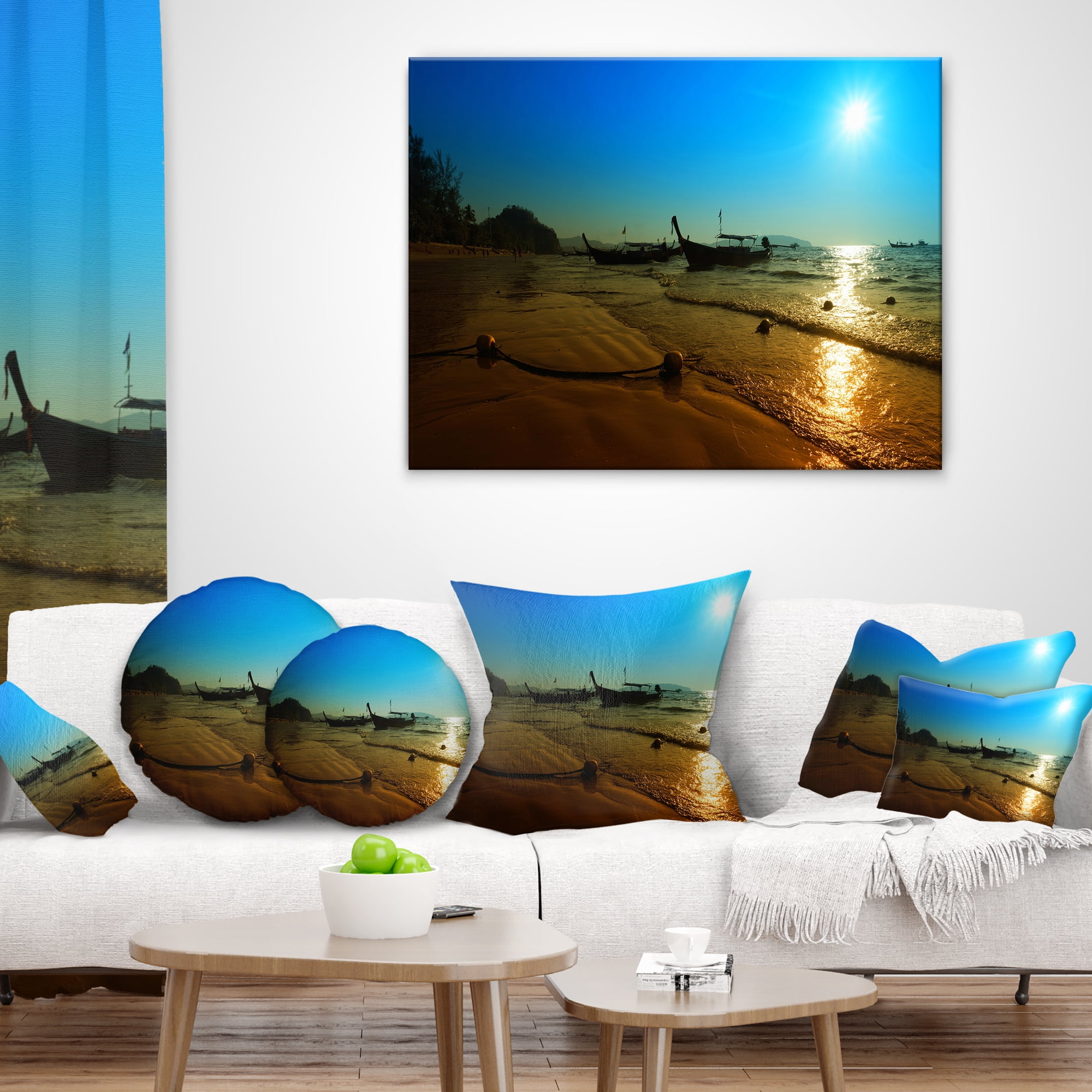 Designart Sunset with Boats in Andaman Sea - Modern Seascape Throw Pillow - 16x16