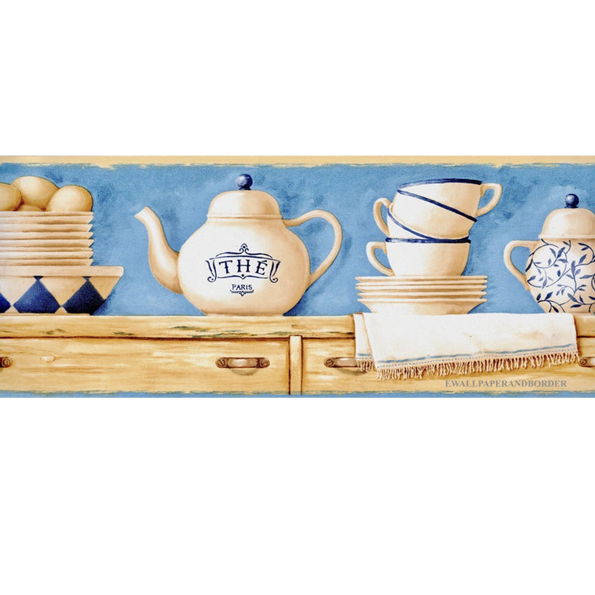 Trimz Country Kitchen Tea Set on Shelf Wallpaper Border, Prepasted, 15' L x 6.875"W