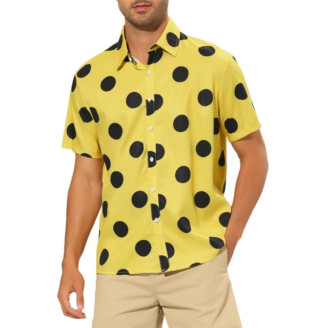 Camisa de playa de polka dots para hombres INSPIRE CHIC, de botones, de manga corta, casual M Amarillo