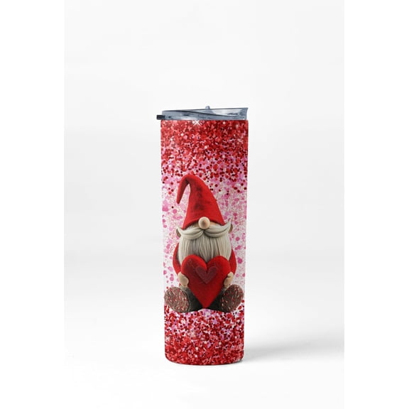 Valentine Gnome Stainless Steel Tumbler with Straw, Red Design, 20 oz Insulated Travel Cup