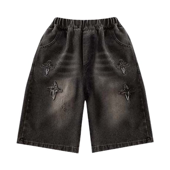 TIREOW Boys Washed Denim Shorts Summer Elastic Waist Baggy Jean Shorts Stylish Loose Fit Star Embroidered Jorts