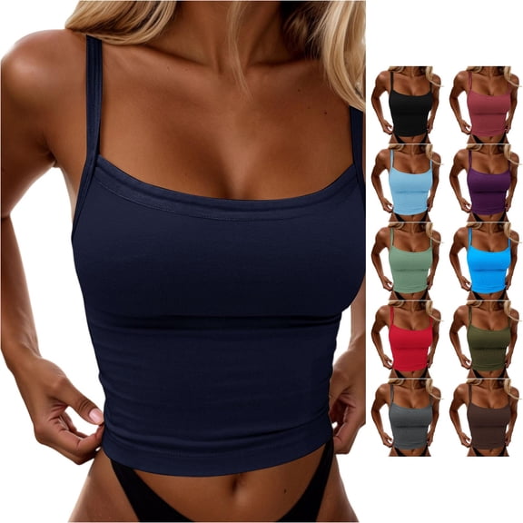 Women's Slim Fit Crop Camisole Built In Bra Sleeveless Tank Top Stretchy Summer Fashion Tops for Ladies Tops for Women plus Size Apparel T Shirt Sleeveless Undershirts Women Big Crop Top Bar Tops
