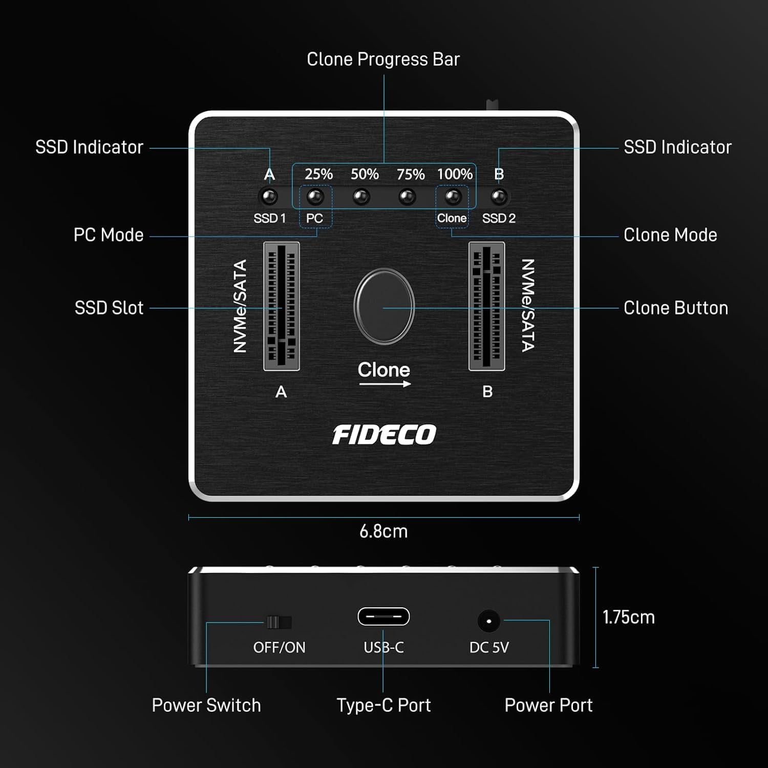 FIDECO M.2 NVMe SATA SSD Cloner Dock, USB 3.2 Gen 2 X 2, 20Gbps Dual NVMe SATA SSD Enclosure, M.2 Duplicator Cloner, Support Offline Clone, UASP and Trim, Aluminum Design
