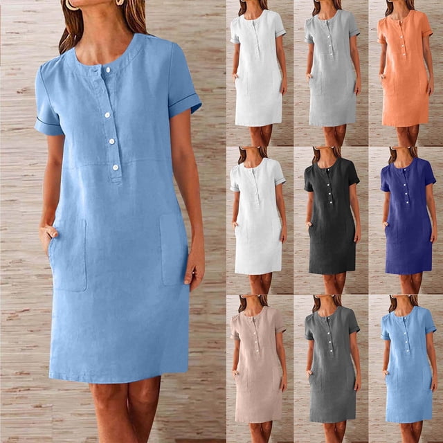 Meichang Robes d'Été pour Femmes Manches Courtes Décontractées Col Rond Mi-Bouton Longueur Genou Robe Légère Unie avec Poches
