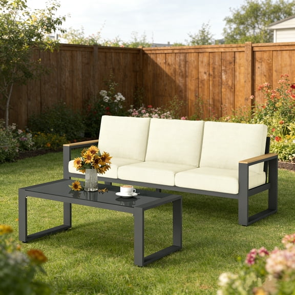 Mayincolor Outdoor Patio Furniture Set, Aluminum Conversation Set with Wood Armrests, 2-Piece Patio Sofa Set with Coffee Table for Porch, Garden, Deck, Beige