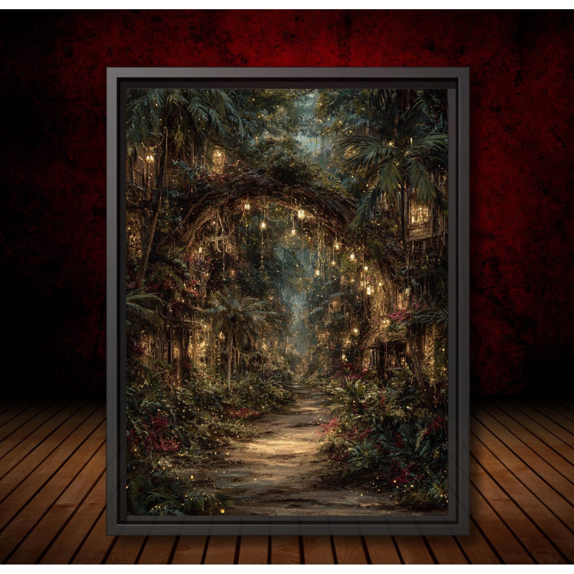Dark Enchanted Jungle Forest Path Wall Art Gothic Hanging Lanterns Artwork Moody Woodland Trail Fairytale Fantasy Home Decor Unframed Paper Print