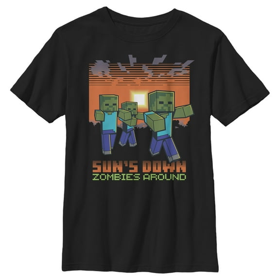 Boy's Minecraft Sun's Down Zombies Around  Graphic Tee Black X Small