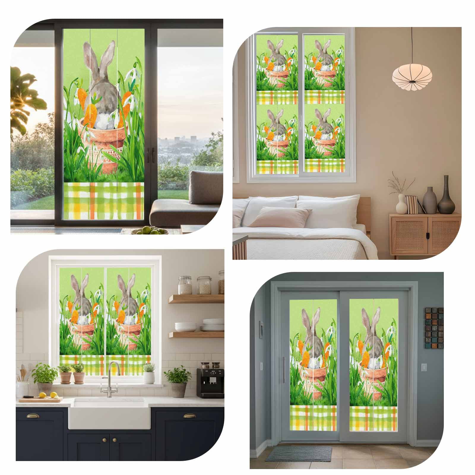 Easter Bunny Window Privacy Film, Spring Bunny Sitting on A Flowerpot Carrot Flower Green Frosted Glass Window Clings Static Cling UV Heat Blocking Reusable Door Sticker for Bathroom 23.6 x 59 Inch