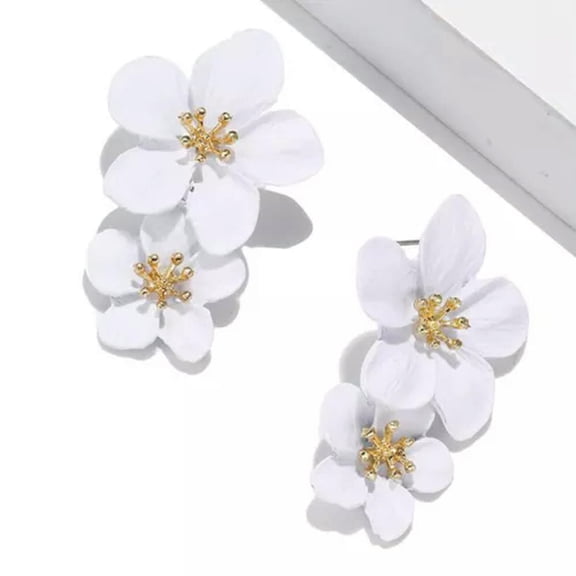 HOOUN Boho Fashion Double Big Flowers Stud Dangle Earrings Women Wedding Jewelry Gi */-White