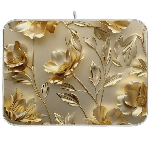 Gold Flowers and Leaves Dish Drying Mat Dish Drainer Rack Mats Water Absorbent Non-Slip Easy Clean Heat Resistant for Kitchen Counter