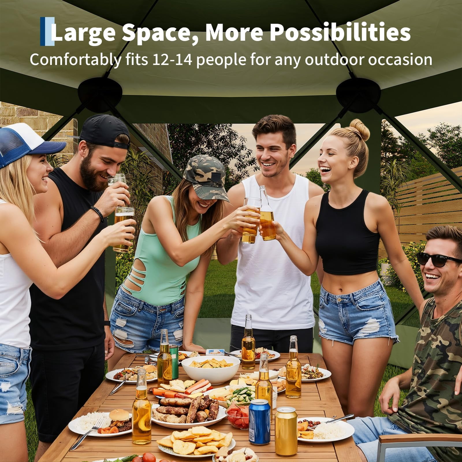 13x13FT 6-Sided Pop Up Canopy Tent，One-Push Setup Canopy Tent with Removable Canopy Top & Wind Cloths, Outdoor shelter for Camping, Backyard Parties, Outdoor Events - Green