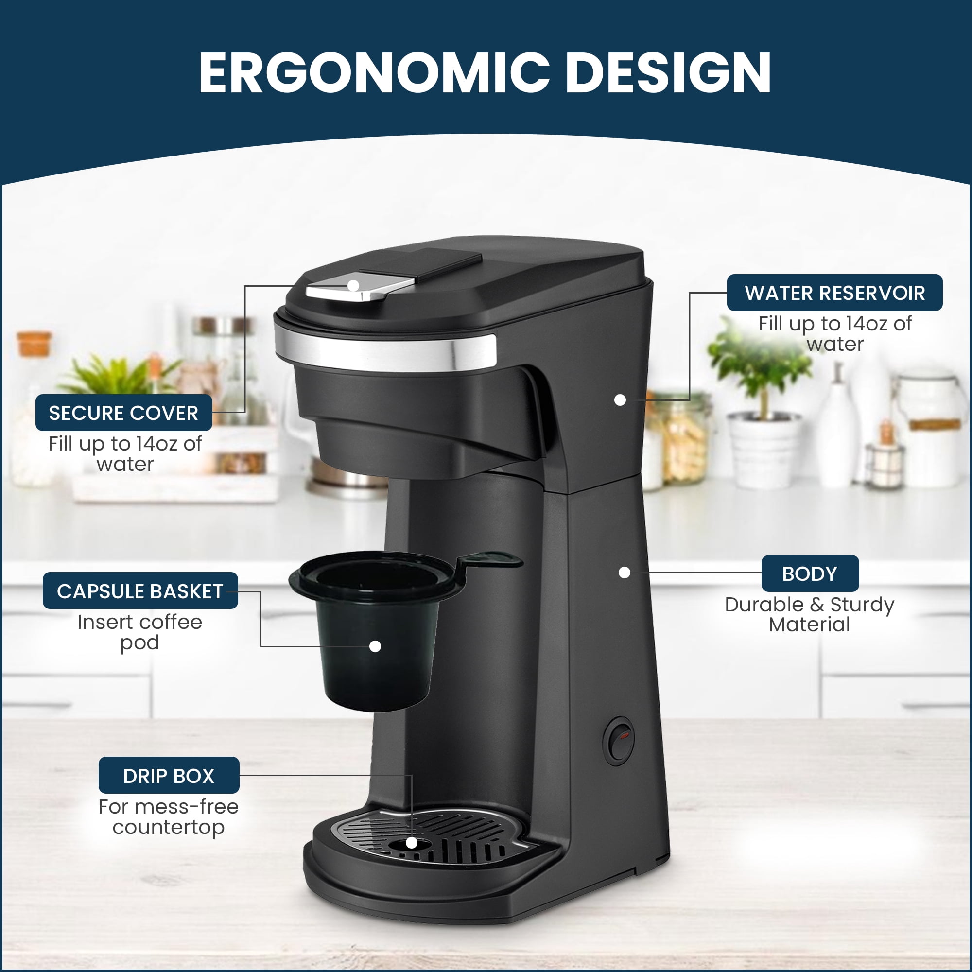 CULINARY CHEF 2-in-1 Single Serve K Cup Coffee Maker with Reusable Stainless Steel Mesh Grounds Pod, Optimal Brew Temperature for Hot, French, Italian, or DIY Iced Blends, Black