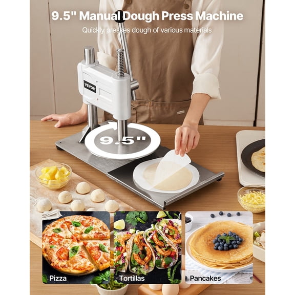 Manual Pizza Dough Press Machine 9.5 Inch Stainless Steel Pizza Pastry Press Commercial Chapati Tortilla Flatbread Crust Maker with Handle & 100 Pcs Parchment Paper